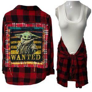 Upcycled Flannel Shirt Womens 1X Yoda Red Grunge Shacket Rock Concert Art Movie